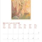 Juli in sieben Sprachen, Wochentage in acht Sprachen. Illustration: Frau mit roten Blumen im Haar in naturreicher Umgebung.