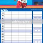 APRIL. Vorjahresabbildung. Fußballspieler in blau-weißem Trikot mit der Nummer 17. Kalender mit Spielen in der rechten Spalte.