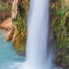 8, Dumont. Wasserfall stürzt über Felswand in klares, blaues Wasser. Grünen Pflanzen umgeben die Szene.