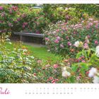 Text: "Juli". Eine Bank steht zwischen üppigen Rosen in einem blumigen Garten. Unten ein Kalender mit hervorgehobenen Sonntagen.