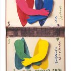 Oben: "Wen liebst du?", unten: "Was geht um?" Bunte, umarmende Figuren auf Collage.