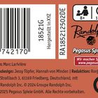RA185212502DE, 8+, 15-25, 3-6. Randolph und Pegasus Spiele Logos. Enthält Barcodes und CE-Zeichen.