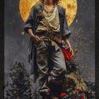 „-7- der wagen“: Ein junger Mensch in abenteuerlicher Kleidung, im Hintergrund ein großer, goldener Mond.