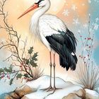 Text: "STORCH", "17". Eine Illustration eines Storches auf einem schneebedeckten Felsen, umgeben von Zweigen und Schneeflocken.