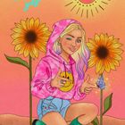 "17. It’s a yes" steht neben einer Person in pinkem Hoodie und Shorts, umgeben von Sonnenblumen und einer stilisierten Sonne.
