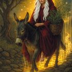 "Donkey & Olive Tree" und "Patience • Willpower • Decision-Making". Eine Frau auf einem Esel, umgeben von Olivenzweigen.