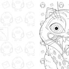 Text "HELLO FRIEND". Illustration: Ein großes, cartoonhaftes Tiergesicht mit weit aufgerissenem Maul, umgeben von Vögeln und Briefen.