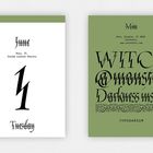 Links: "June 1 Tuesday", Mira, IT. Rechts: "WITCH @monsters Darkness inside". Typodarium. Retro-Schrift auf grünem Hintergrund.