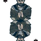 B, ♣️ - Seemann im Matrosenanzug, gefesselt mit Seil, in Spielkarten-Illustration.