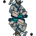 K, Pik, K. Ein bärtiger Seemann mit Möwe auf der Schulter, symmetrisch gespiegelt.