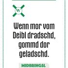 "Wahr oder ni. Wenn mor vom Deibl dradschd, gommd dor geladschd. MIDBRINGSL: Das erste sächsische Sprüche-Quartett." Oben ein W in grünem Kreis.
