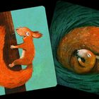 Links ein Eichhörnchen auf einem Baum, rechts eingerollt schlafend in einem Nest – lebendige Illustration.