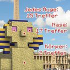 Illustration: Eine pixelige Sphinx mit Text: "Jedes Auge: 15 Treffer, Nase: 17 Treffer, Körper: 2 Treffer" vor einem Obelisken.