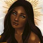 Text: "19 | DIE SONNE". Eine Frau mit dunklem Haar und strahlender Aura, umgeben von goldenen Strahlen, schaut verträumt.