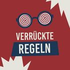Text: "VERRÜCKTE REGELN". Illustration: Eine Brille mit spiralförmigen Gläsern vor einem rot-weißen Hintergrund.