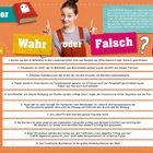 Auf einer orangefarbenen Fläche steht oben „Bücher: Wahr oder Falsch?“. Links ein animiertes Buch mit Gesicht.
