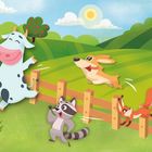 Farbenfrohe Illustration von fröhlichen Tieren, die über einen Zaun auf einer Wiese springen.