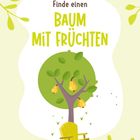 Text: "Finde einen Baum mit Früchten". Eine Illustration eines Baumes mit gelben Früchten und einem gelben Stuhl darunter.