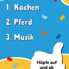 1. Kochen 2. Pferd 3. Musik. Illustration mit Konfetti, Daumen hoch, Hintergrund in Blau und Gelb.