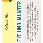Texte: "Hochbeete Plan", "FIT UND MUNTER". Beschreibung des Plans, Sonnenblume, Blätterillustration, gelber Hintergrund.