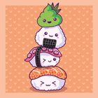 Illustration von vier stapelbaren, fröhlichen Sushi-Charakteren vor einem Hintergrund mit kleinen Herzmustern.
