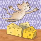 Eine Illustration zeigt eine glückliche Maus, die über drei Käsestücke auf einem Holztisch springt, vor lila Hintergrund.