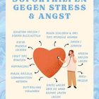 Text: "Kleine Soforthilfen gegen Stress & Angst." Eine Frau hält ein großes Herz; Handlungsanweisungen sind um das Herz verteilt.