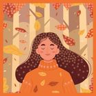 Illustration einer Person mit langen Haaren, geschlossenen Augen. Umgeben von bunten Herbstblättern vor stilisiertem Wald.
