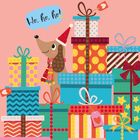 Text: „Ho, ho, ho!“ Ein lachender Hund mit Weihnachtsmütze, umgeben von bunten Geschenken mit Schleifen.