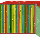 Nummern 1 bis 24 auf bunten Buchrücken; rote, grüne, gelbe und blaue Töne. Box mit weihnachtlichen Illustrationen.