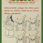 6. Welcher Schimmerwicht war's? Illustration: Nikolaus, vier Wichte mit Stäben, Buchstaben A-D.