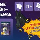 "DEINE RÄTSEL-CHALLENGE", "DER ZUG DER ABENTEUER", "DAS ENTFÜHRTE PFERD", "SPIELEND LEICHT MATHE LERNEN". Illustration mit Pferd.