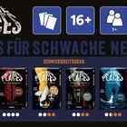 "Crime Places. Nichts für schwache Nerven! 16+, 1+, 120-180 Min. Schwierigkeitsgrad. Fünf Spielboxen abgebildet."