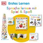 Text: "Erstes Lernen," "Sprache lernen mit Spiel & Spaß," "Am Meer," "Wörter," "Fahrzeuge," "Farben." Verschiedene Lernbücher.

Illustration mit bunten Büchern und Spielzeug für Kinder.
