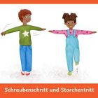 "Schraubenschritt und Storchentritt". Zwei Kinder, ein Junge und ein Mädchen, balancieren auf einem Bein.