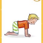 Illustration eines Kindes auf Händen und Knien. Gelber Rand mit Traktor und Kuh-Icon. 