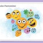 Text: "Glücks-Pantomime". Illustration von fröhlichen, farbigen Gesichtern mit verschiedenen positiven Ausdrücken.