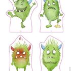 Freude, Ekel, Wut, Angst. Vier grüne Monster mit unterschiedlichen Gesichtsausdrücken.