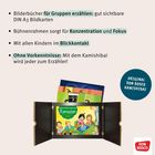 Texte erläutern, dass Kamishibai-Vorführungen gut für Gruppen sind, ohne Vorkenntnisse erfordert und Blickkontakt ermöglicht.