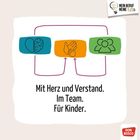 „Mit Herz und Verstand. Im Team. Für Kinder.“ Drei Symbole: Gehirn, Hand, Personen in farbigen Rechtecken.