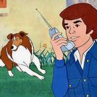 Ein Hund rennt im Gras, während ein Mann in blauer Uniform mit Funkgerät spricht. Es handelt sich um eine Illustration.