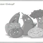"Gemüse-Eintopf" steht oben. Illustration von lächelndem Gemüse: Tomaten, Zwiebel, Aubergine, Brokkoli mit Gesichtern.