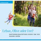 Text: "20 Erbse, Olive oder Fee? Naturbeobachtung rund um die Farbe Grün." Illustration einer Fee, Kinder im Wald.