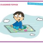 "Unser fliegender Teppich" und "Gute-Laune-Ideen für die Gruppe". Illustration: Kind auf fliegendem Teppich, umgeben von Wolken.