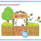 "Was gibt’s bei uns im Garten?" Oben. Holztor mit "Garten". Drumherum Pflanzen, Blumen, Gießkanne, Schnecke, Insekten.
