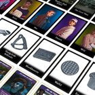 Karten mit Figuren und Objekten: "Lucas", "Max", "Dustin", "Will", "Handgelenk-Schleuder", "Musikkassette", "Waffel".