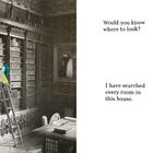 Texte: "Would you know where to look? I have searched every room in this house." Illustration: Bibliothek mit Leiter und Geister.