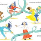 Illustration mit tanzenden Figuren, farbenfrohen Outfits, Noten, einem Hund und den Texten: "Jay danced to the rhythm..."