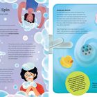 Seitenzahlen 36 und 37. Titel: “Sparkle and Spin”. Themenblöcke zu Blasen und Coriolis-Effekt, Bilder von Kindern in Schaumbad.