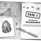CASE 1: THE CURSE OF TUTANKHAMUN. Frage zur Öffnung des antiken Grabes. Illustration von Pyramiden und altägyptischen Symbolen.
